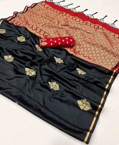 Pure Satin Traditional Work Black and red Color Saree