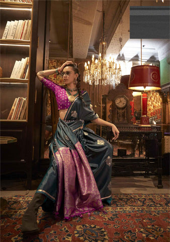 Pure Satin Traditional Work Grey Color Saree