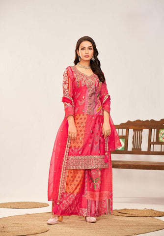 Pink Color Premium Chinon Digital Print Suit