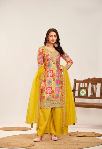 Yellow Color Premium Chinon Digital Print Suit