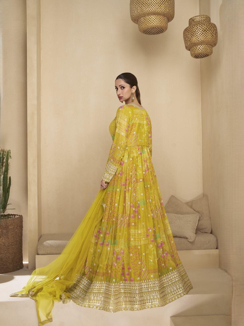 Lemon yellow embroidered anarkali  suit