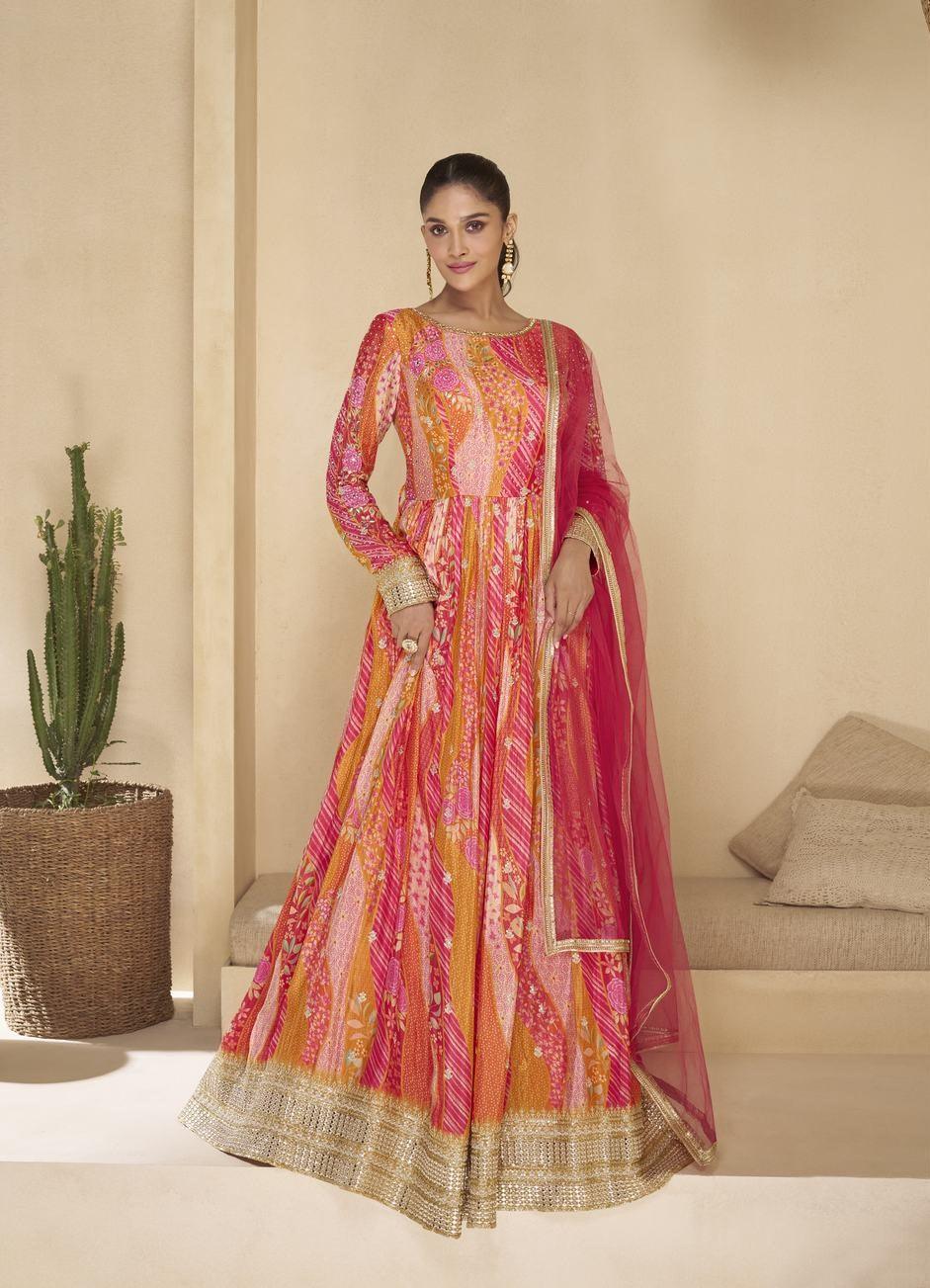 Bright pink embroidered anarkali suit - indosilk