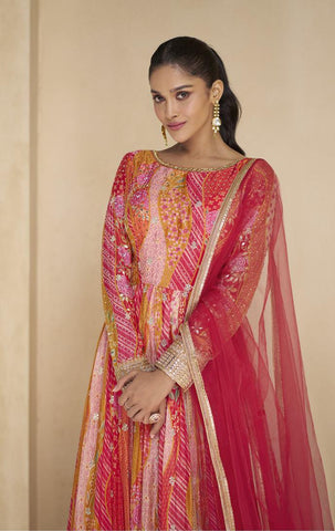 Bright pink embroidered anarkali suit - indosilk