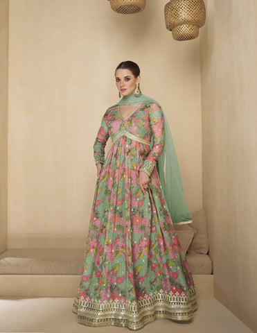 Green embroidered anarkali suit