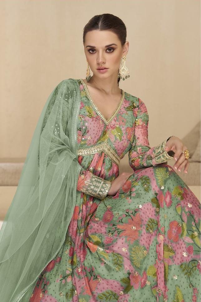 Green embroidered anarkali suit