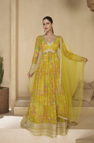 Lemon yellow embroidered anarkali  suit