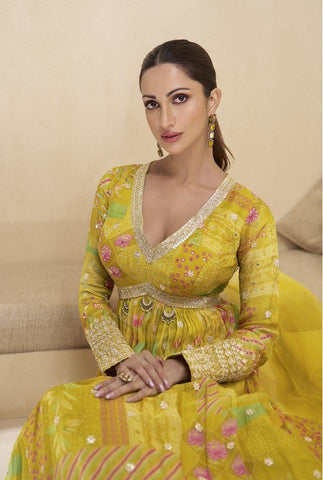 Lemon yellow embroidered anarkali  suit