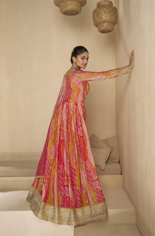 Bright pink embroidered anarkali suit - indosilk