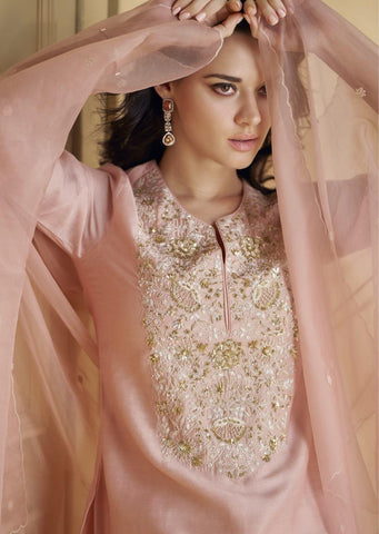 Georgette and Chinnon Silk Fabric Powder Pink Color Palazzo Suit