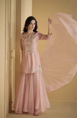 Georgette and Chinnon Silk Fabric Powder Pink Color Palazzo Suit