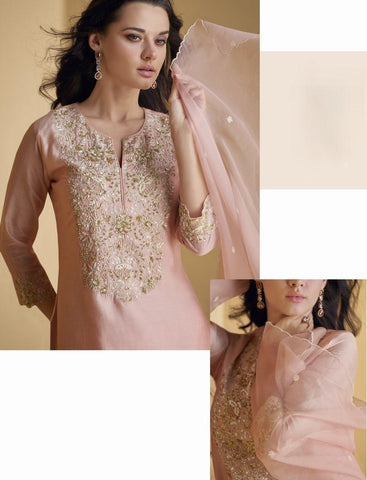 Georgette and Chinnon Silk Fabric Powder Pink Color Palazzo Suit