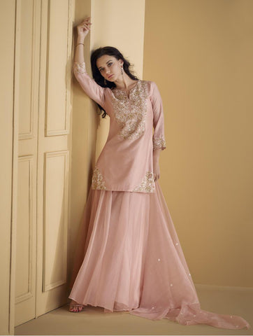 Georgette and Chinnon Silk Fabric Powder Pink Color Palazzo Suit