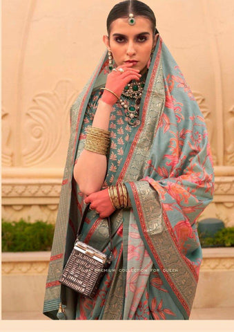 Grey and orange color  designer raw silk saree