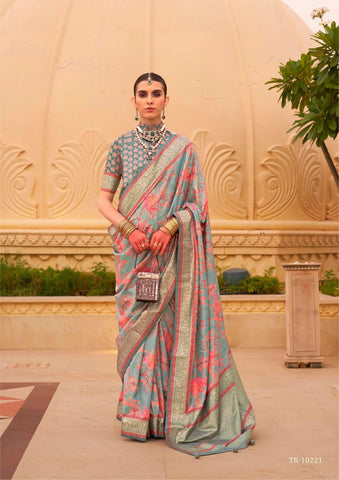 Grey and orange color  designer raw silk saree