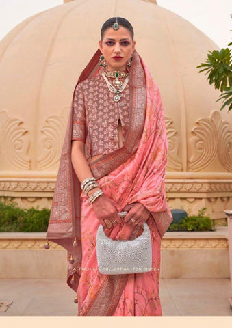 Dusty rose pink color  designer raw silk saree