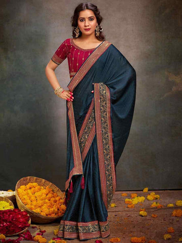 Embroidered  Teal  Bollywood Satin Silk Saree – All-Occasion Elegant Partywear with Blouse Piece