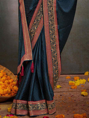 Embroidered  Teal  Bollywood Satin Silk Saree – All-Occasion Elegant Partywear with Blouse Piece