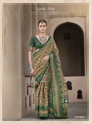 Printed Saree with Aqua Finish and Unique Ajrakh Print for Office Wear Saree In Green Color