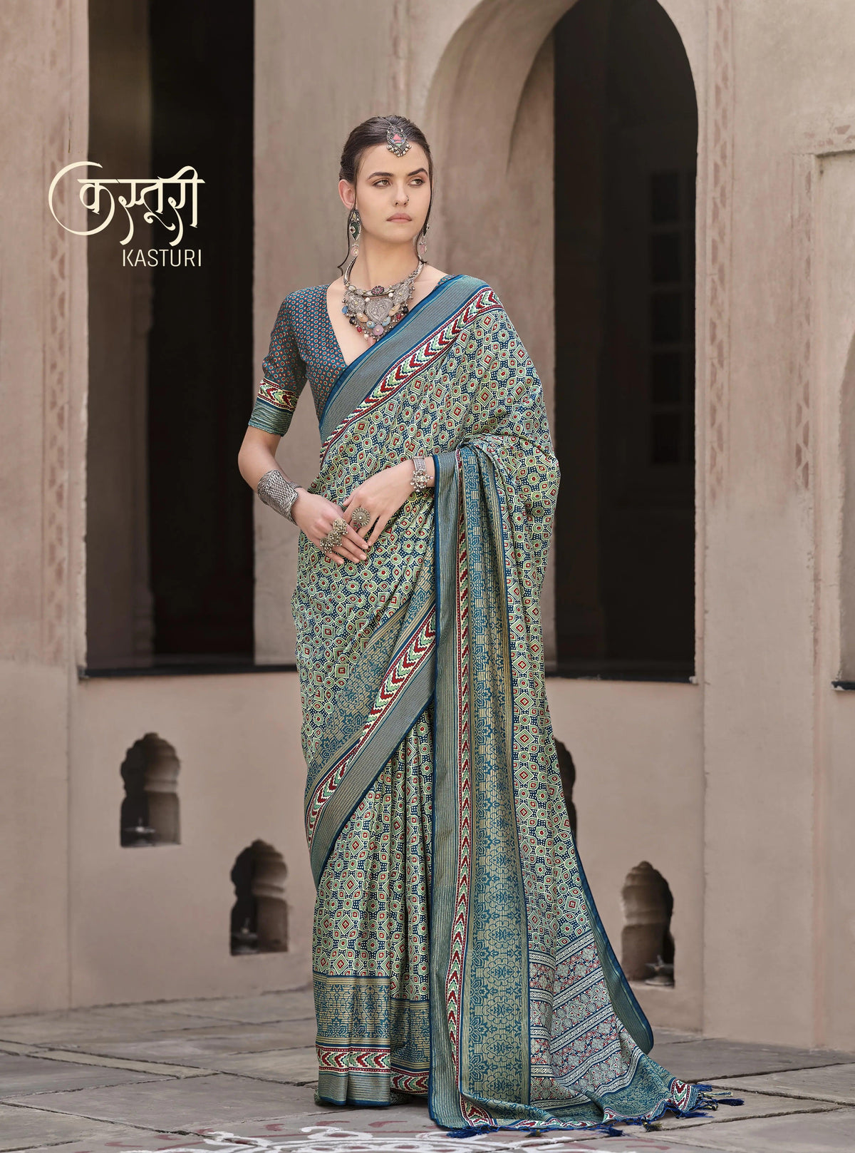 Printed Saree with Aqua Finish and Unique Ajrakh Print for Office Wear Saree In Multi Color