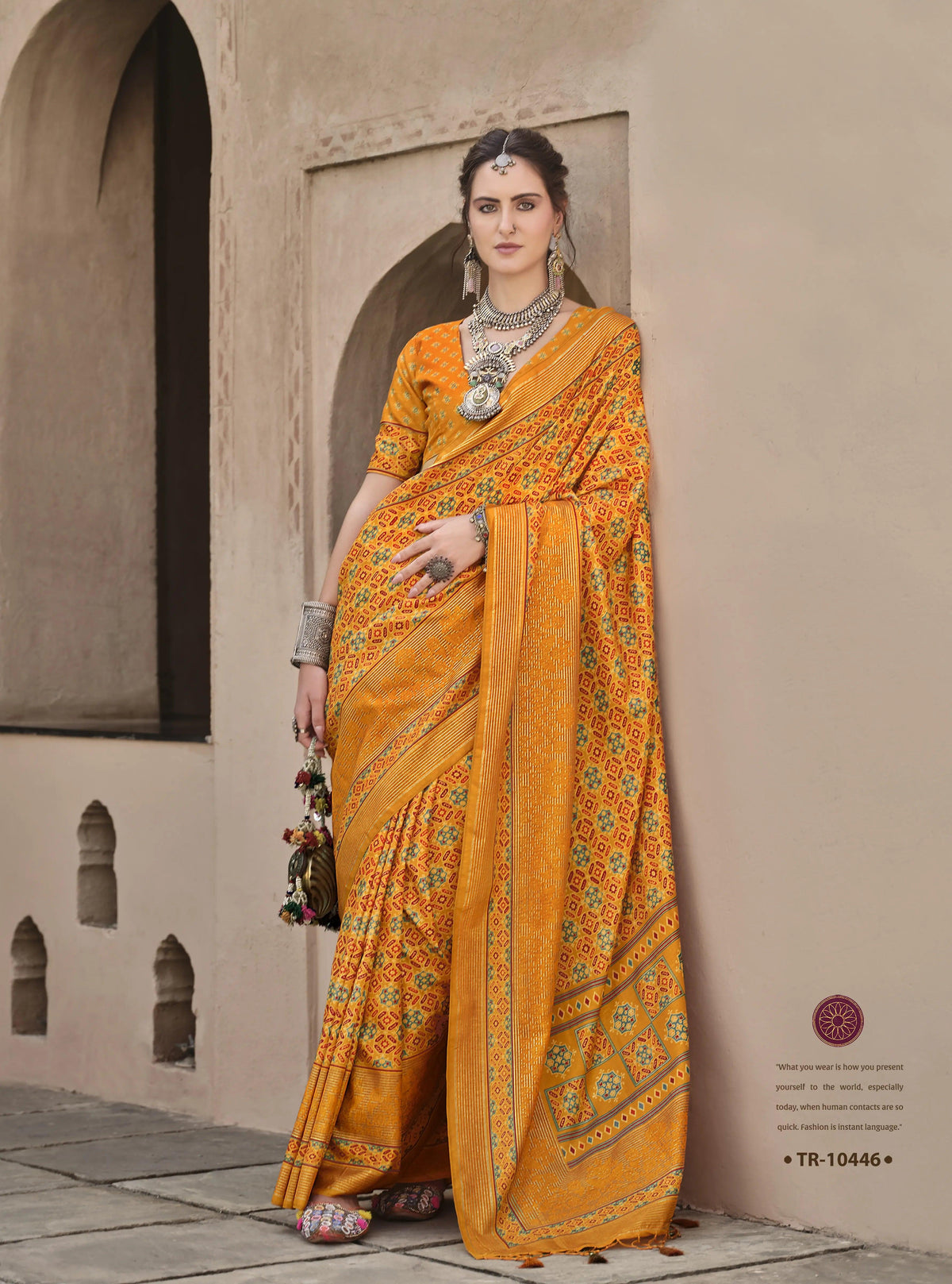 Printed Saree with Aqua Finish and Unique Ajrakh Print for Office Wear Saree In Gold Color