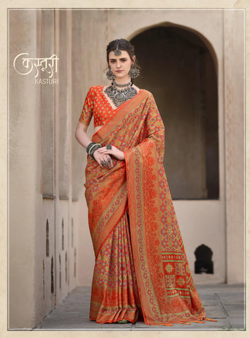 Printed Saree with Aqua Finish and Unique Ajrakh Print for Casual Wear Saree In Orange Color