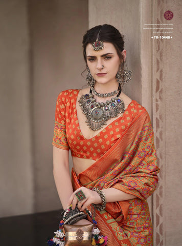 Printed Saree with Aqua Finish and Unique Ajrakh Print for Casual Wear Saree In Orange Color