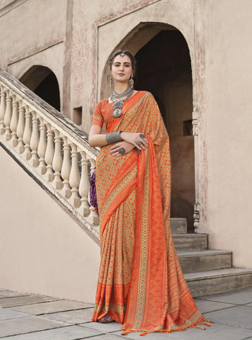 Printed Saree with Aqua Finish and Unique Ajrakh Print for Caual Wear Saree In Orange Color