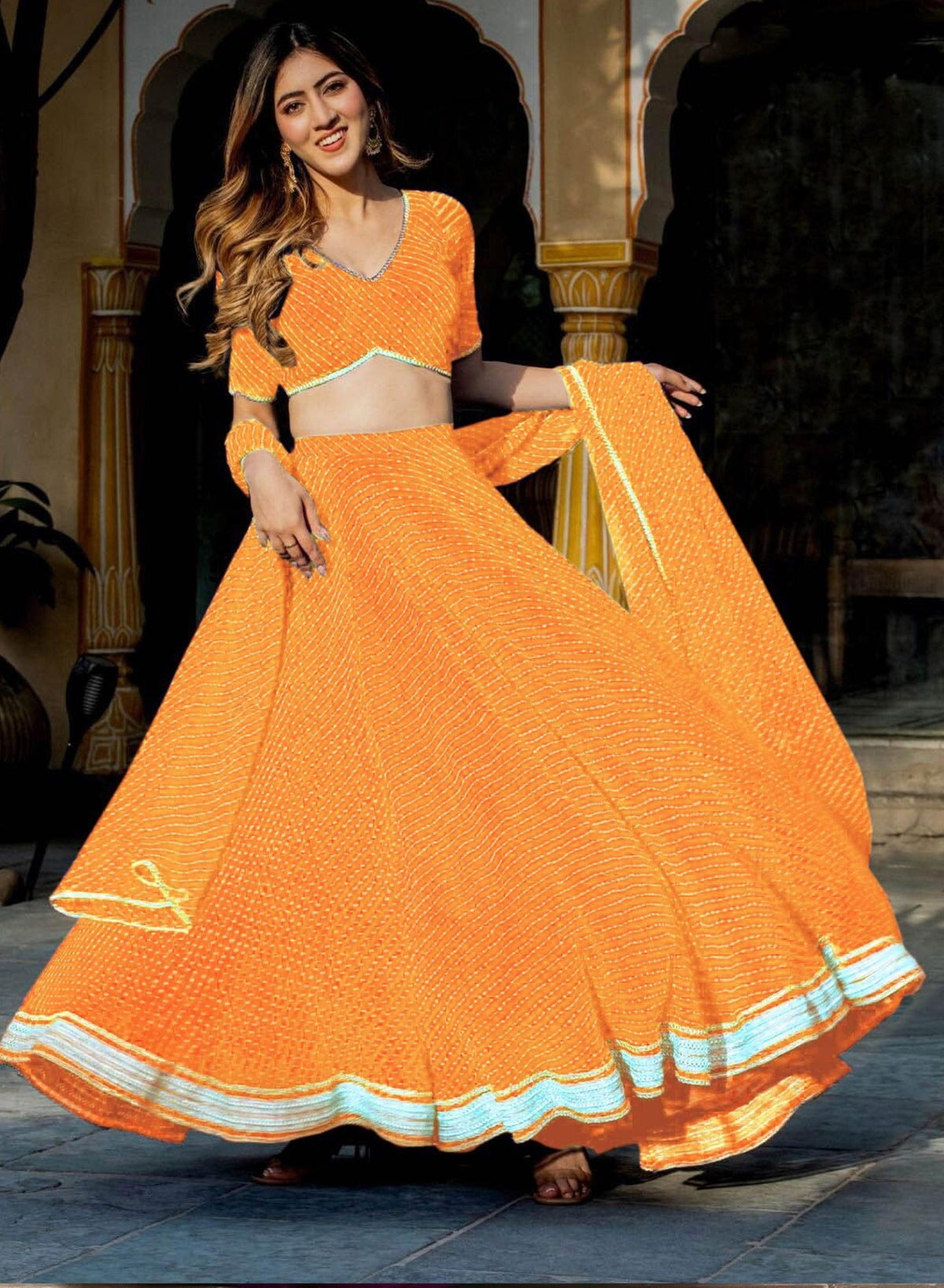 Yellow Color Georgette Leheriya Print Lehenga